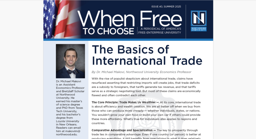 A magazine page titled "The Basics of International Trade" features a photo of Dr. Michael Makovi, article text, a university logo, and an American flag in the top left corner.